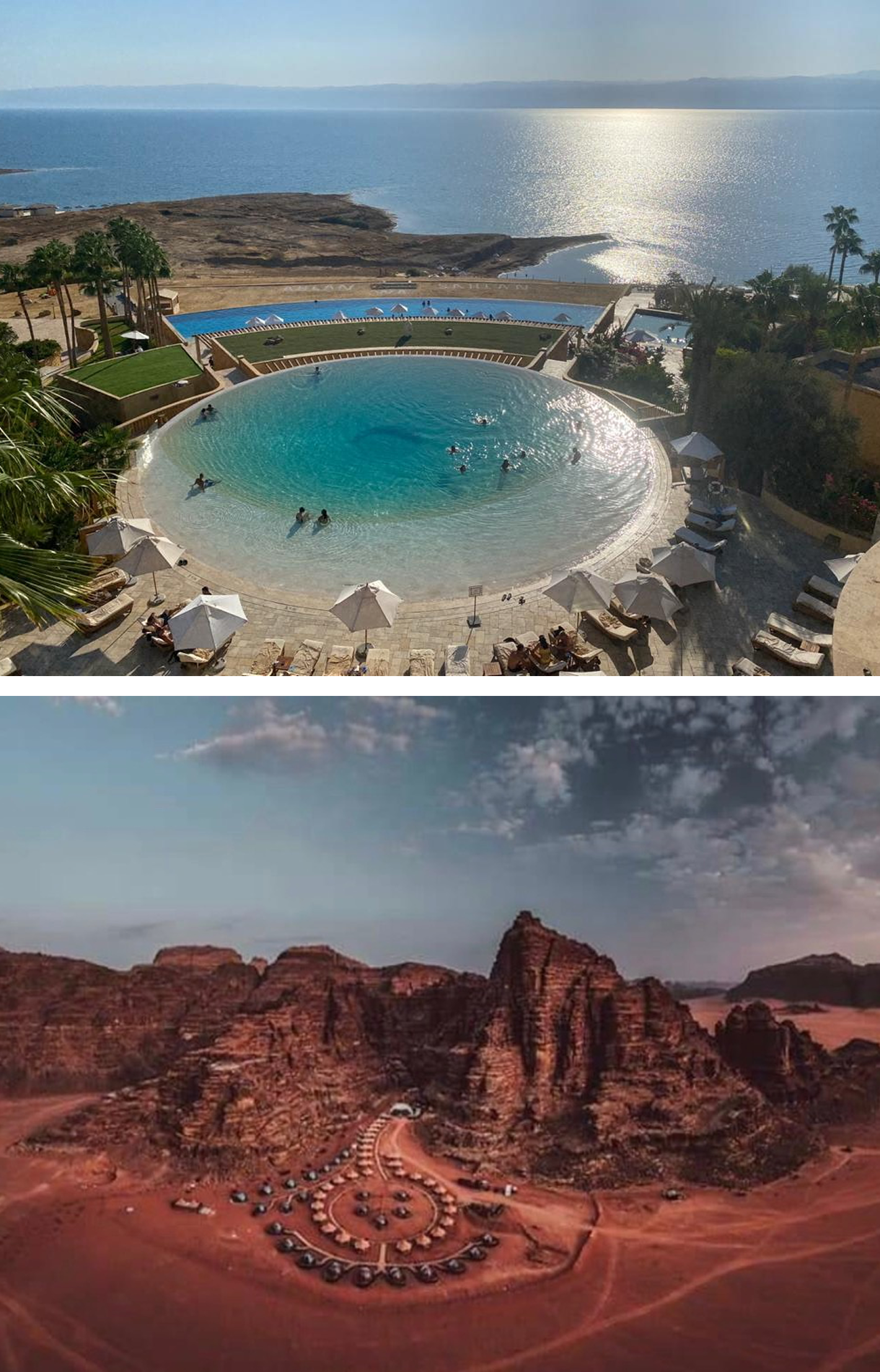 Split-view aerial image: top shows a luxury resort with a circular turquoise pool, lounge chairs, palm trees and the ocean; bottom shows red canyon rocks and desert landscape under a blue sky.